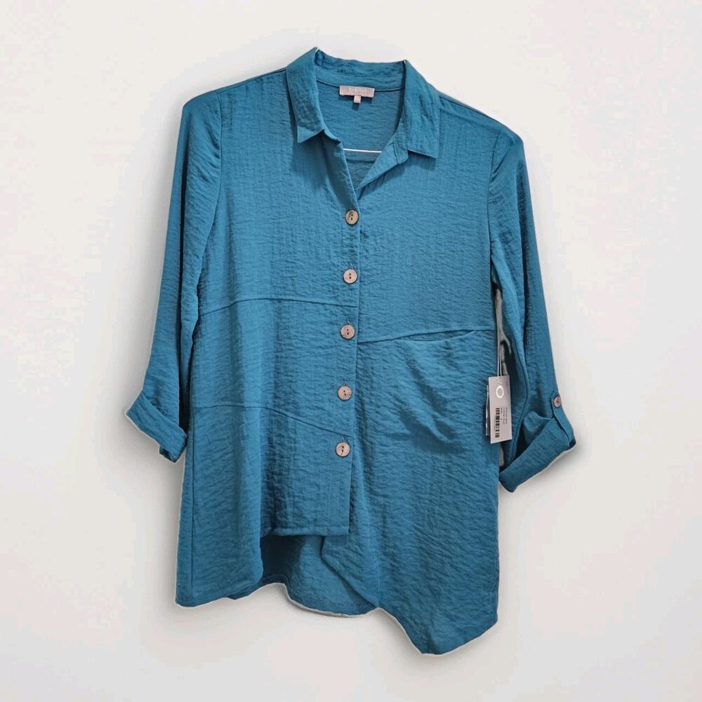 NWT Habitat Textured Rayon Blend Tunic Top Small Button Blouse Blue S Tab 3/4